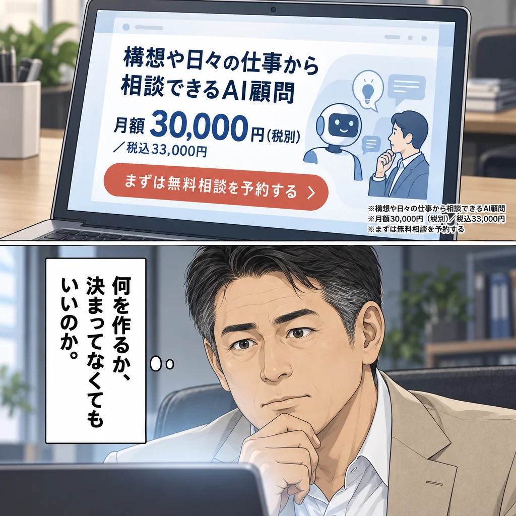 スマートフォンで「AIおまかせ顧問」の案内を見つける田中。月額3万円、無料相談ありの表示。