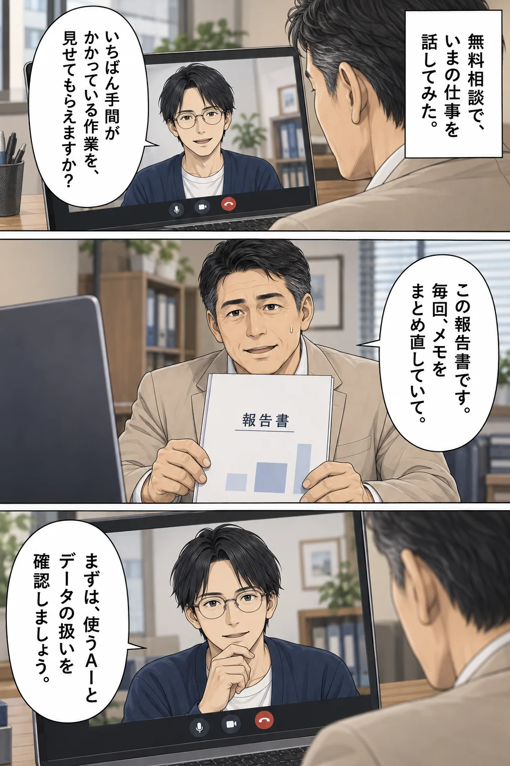 オンライン会議でAI顧問の高橋が「まず仕事を見せてもらうところから始めましょう」と提案する。