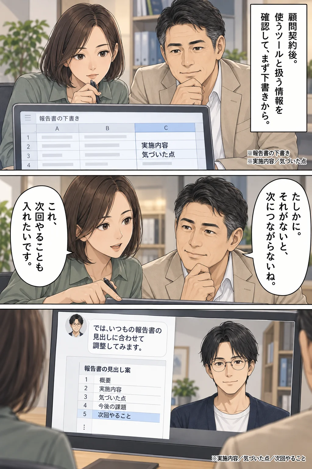 サンプルデータで小さく試すことに合意し、次にやることを書き出す田中と佐藤。