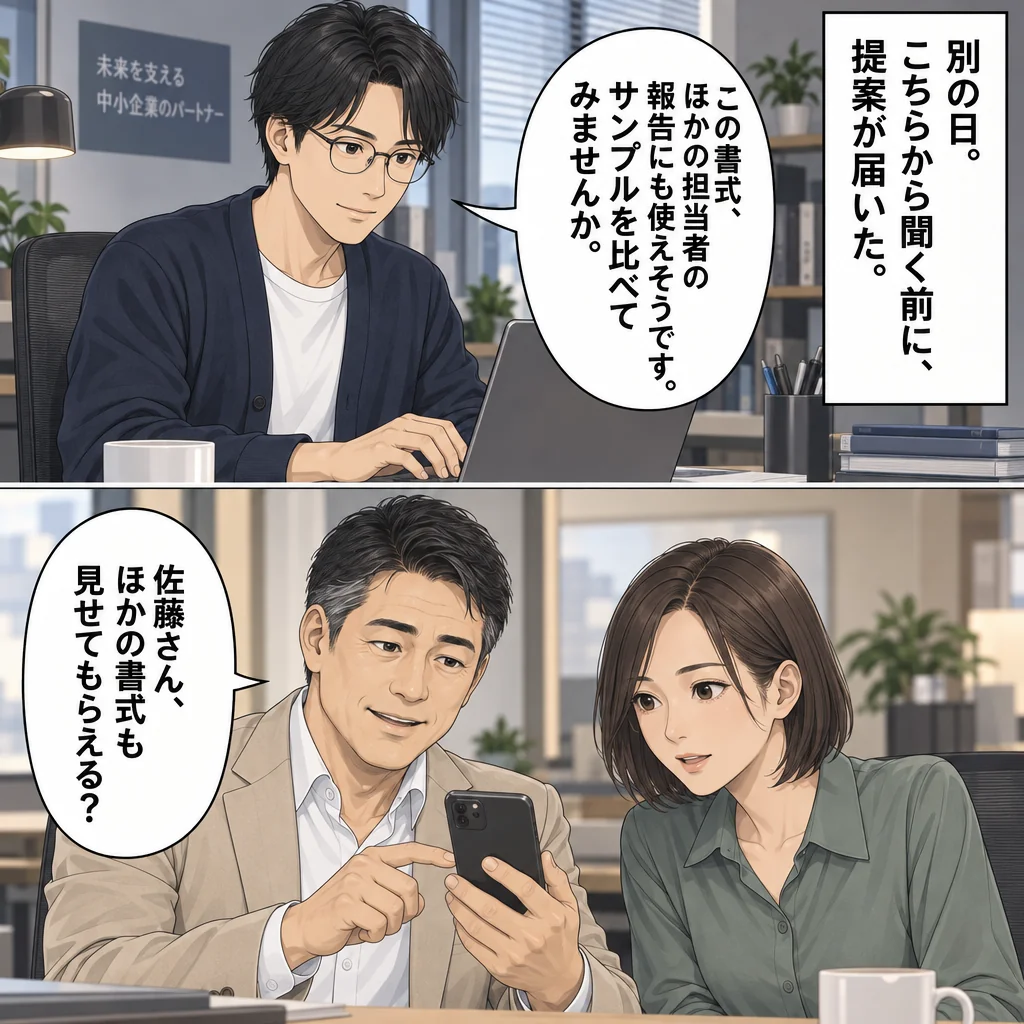 契約後、田中はチャットで「この資料、今のAIに入れていい？」と気軽に相談できるようになった。