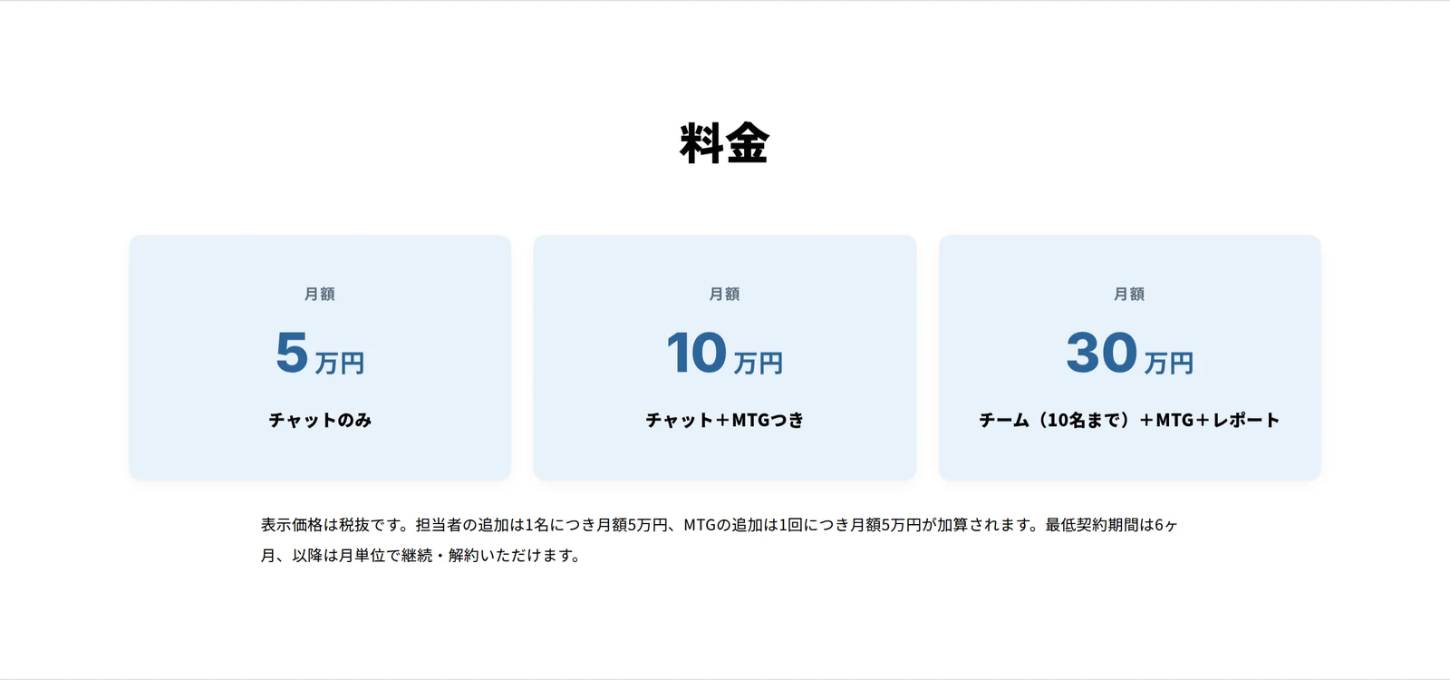 日本AI導入支援協会の生成AI顧問の料金セクション。月額5万円チャットのみ、10万円チャット＋MTG、30万円チーム10名まで